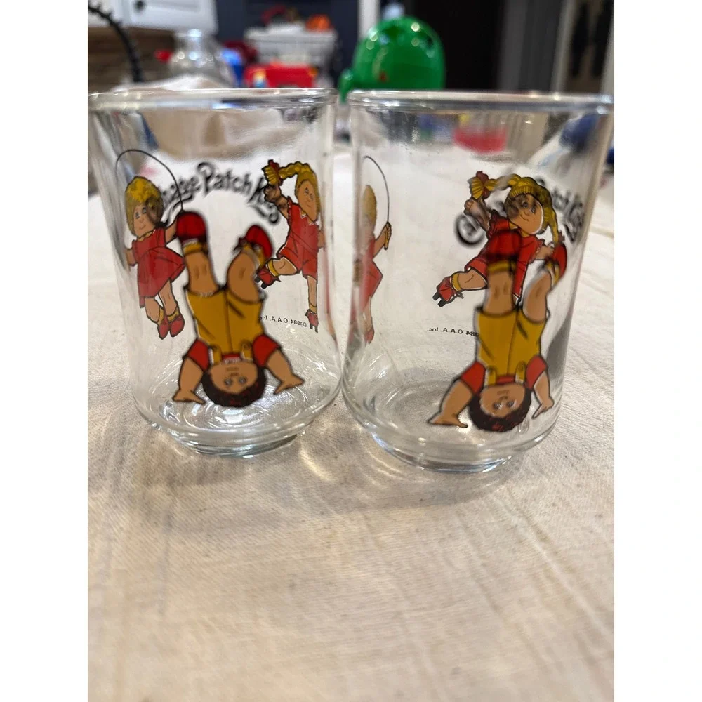 Vintage 1984 Cabbage Patch Kids Juice Glasses Set of 2 Clear Retro 80s Tumblers